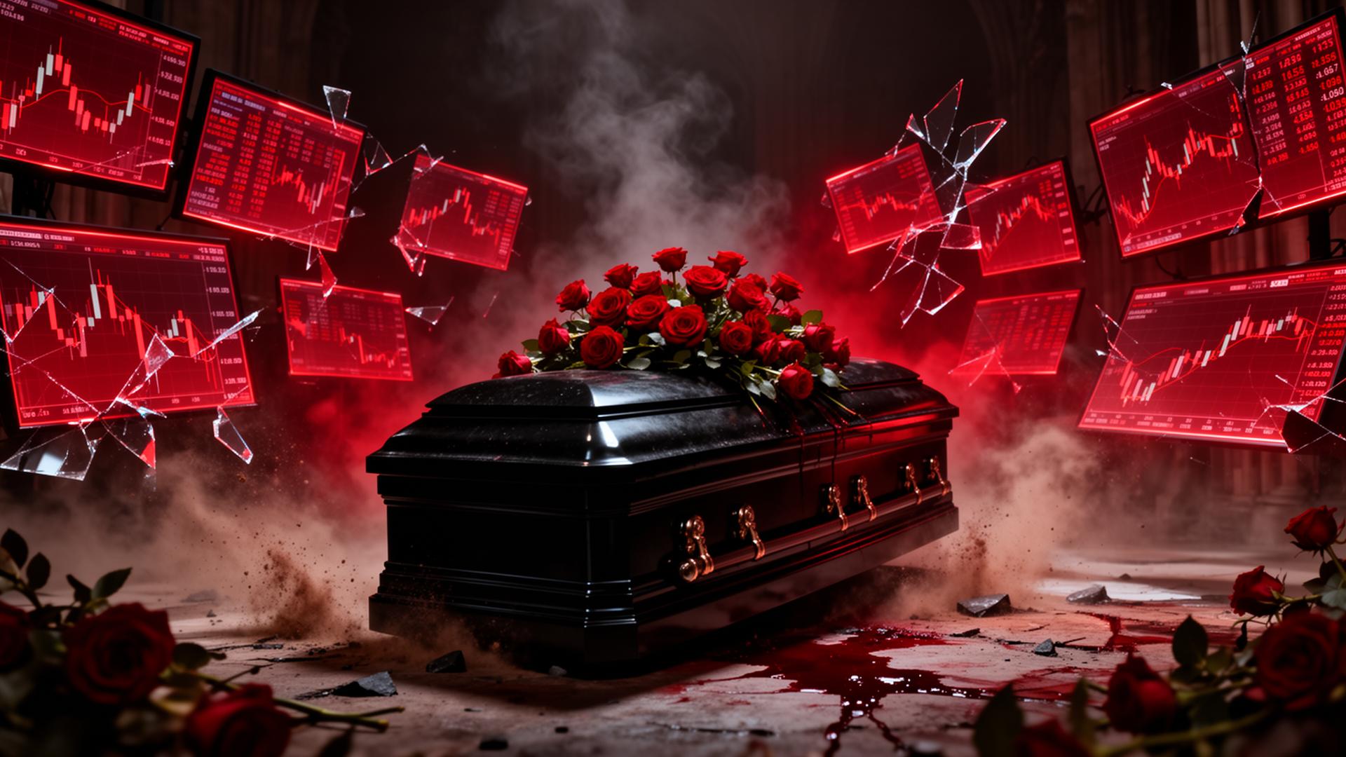 La morte del trading — bara nera circondata da grafici crollati